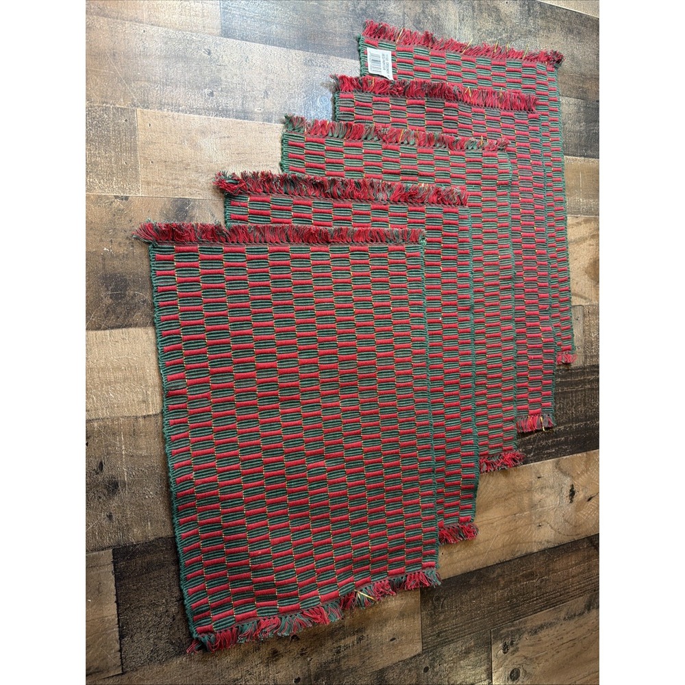 Vtg Handwoven Placemats Set of 5 Red Hunter‎ Green Metallic Gold Illusion Fringe